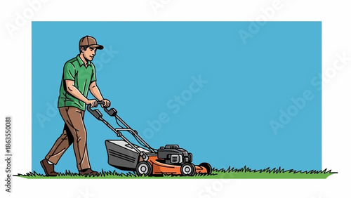 A man wearing a cap and green shirt is mowing the lawn with a red and black lawnmower on a sunny day.