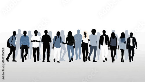A diverse group of people walking together in a line, depicted as silhouettes against a white background.