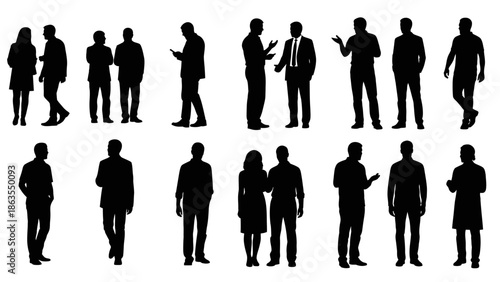 Collection of diverse silhouette figures of people in various poses and attire, representing different social interactions and activities.