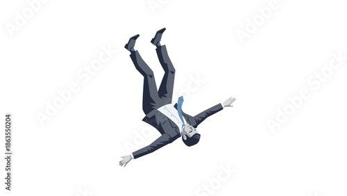 A businessman in a suit and tie is depicted falling through the air with his arms outstretched.