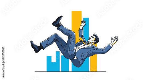 A businessman in a suit falling down in front of a declining bar graph representing financial loss.