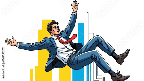 A businessman in a suit falling down a graph, symbolizing financial or career decline.