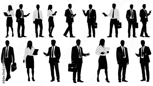 Collection of diverse business professionals in silhouette, showcasing various poses and attire.
