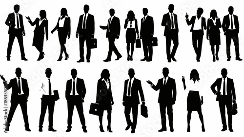 A collection of diverse business professionals in silhouette, showcasing various poses and attire.