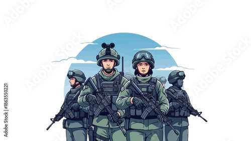 A group of four soldiers in tactical gear, holding rifles, standing in formation with a blue sky and clouds in the background.