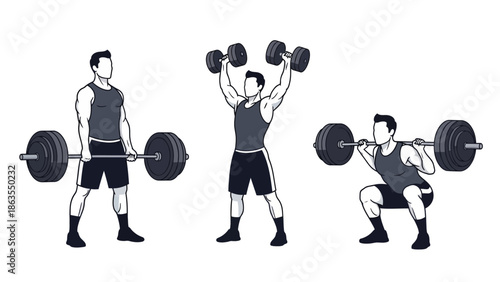 Three illustrations of a man performing weightlifting exercises: deadlift, overhead press, and squat.