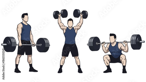 Illustration of a man performing three different weightlifting exercises: deadlift, overhead press, and squat.