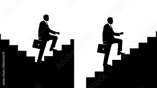 Two businessmen climbing stairs, one in silhouette against a dark background, the other against a bright white background.