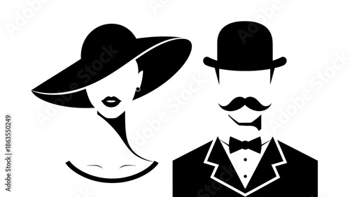 A stylized black and white illustration of a couple dressed in formal attire, featuring a woman with a wide-brimmed hat and a man with a bowler hat and mustache.
