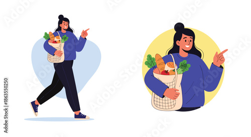 Young woman walking while carrying a paper bag filled with fresh vegetables and pointing forward in a circular frame.