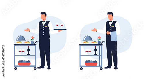 Professional waiter in a formal vest standing beside a food trolley serving wine and gourmet dishes in a restaurant setting.