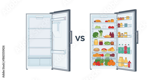 Comparison illustration showing an empty refrigerator on the left and a fully stocked one with fresh food on the right.