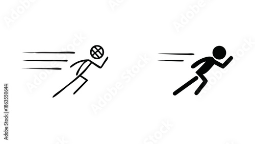 Dynamic stick figures running with motion blur on black background