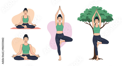 Young woman practicing different yoga poses including the lotus and tree positions for mindfulness and physical wellness.