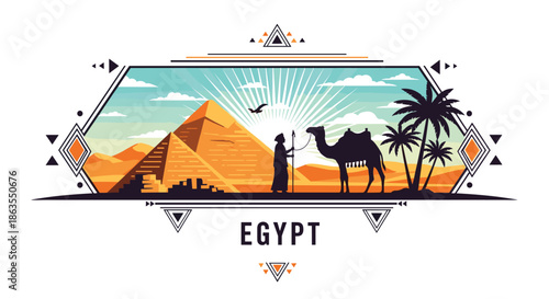 Stylized travel poster for Egypt featuring the iconic pyramids, a camel, palm trees, and the desert landscape in a frame.