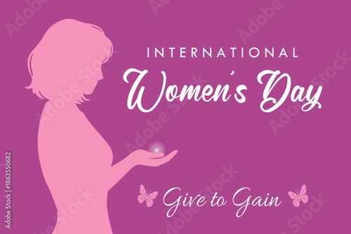 International Womens Day concept poster. Woman’s profile silhouette illustration. 2026 Womens Day campaign theme – #Give to Gain.