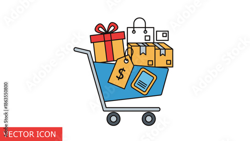 Online Shopping Cart Icon with Gift Box, Delivery Packages, Price Tag, and Digital Payment Devices for E-commerce Retail
