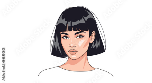 Portrait of a beautiful young woman with a black bob hairstyle and stylish makeup looking directly at the viewer.