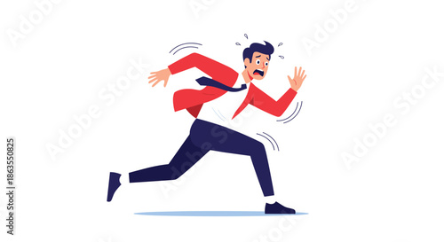 Stressed businessman in a red suit and tie running frantically as if he is late for an important office meeting.