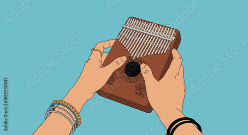 Hands of a person wearing jewelry skillfully playing a kalimba thumb piano against a solid blue background.