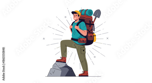 Adventurous young hiker with a large backpack and gear standing on a rocky peak while looking out at the horizon.