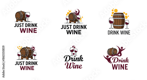 Collection of various wine-themed logos and emblems featuring wooden barrels, wine glasses, and celebration motifs.