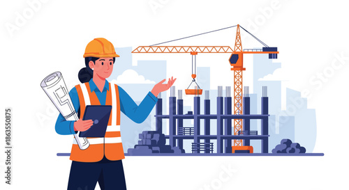 Female engineer wearing a safety vest and helmet standing in front of a busy construction site with a large crane.