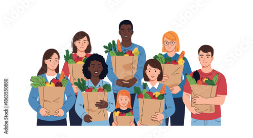 Diverse group of people of different ages and ethnicities standing together while holding paper bags of fresh groceries.
