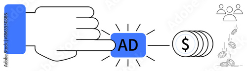 Digital marketing, online advertising, pay-per-click, monetization strategies, web traffic, user engagement. A hand presses an ad button leading to revenue generation imagery. Digital marketing