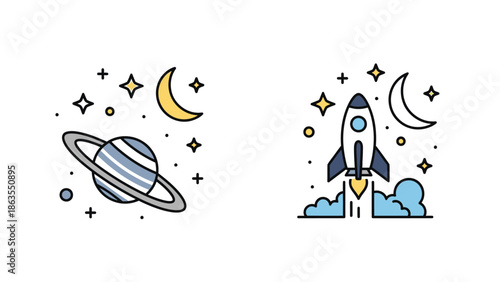Colorful Space Exploration and Cosmic Planet Icons Set with Rocket Launch, Moon, Stars, and Celestial Bodies