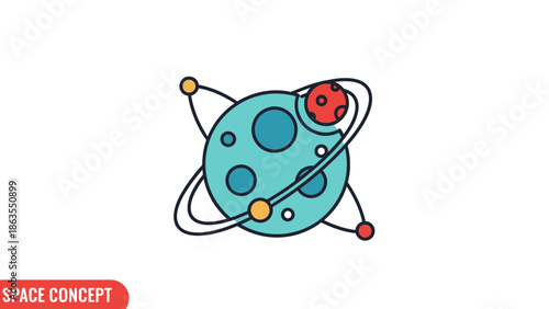 Colorful Flat Design Planet Icon with Rings and Moons, Representing Space Exploration, Astronomy, and Cosmic Concepts