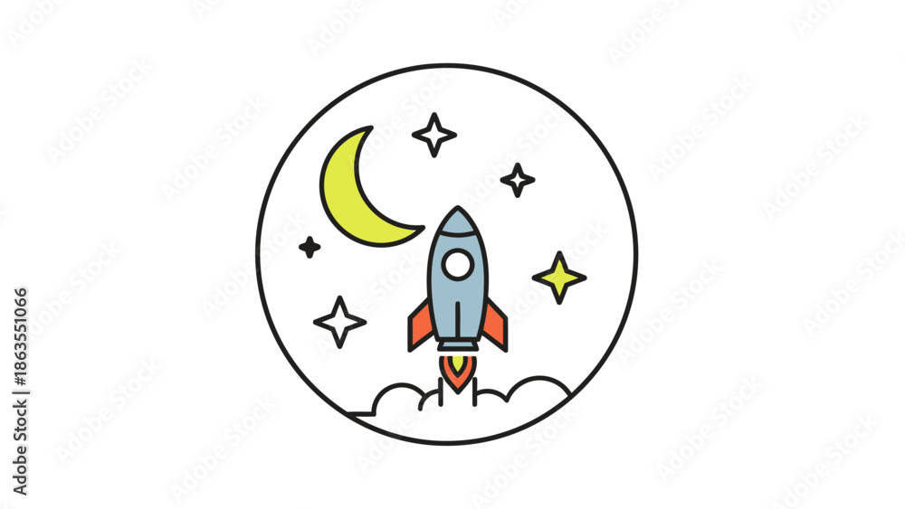 Obraz premium Rocket Launch Icon with Moon and Stars, Symbolizing Space Travel, Exploration, Technology, and Startup Innovation