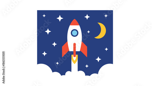 Flat design rocket launching into a starry night sky with a crescent moon. Space exploration, startup, and business success concept.