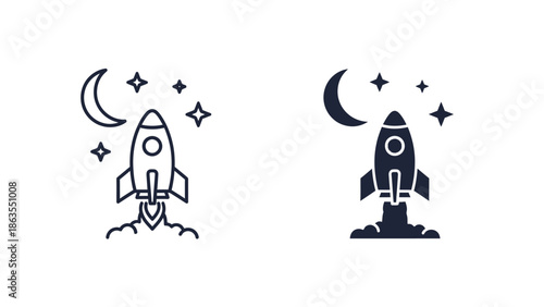 Rocket Launch Icon at Night with Moon and Stars. Startup, Innovation, Space Travel, Business Success, Technology, Exploration Symbol.