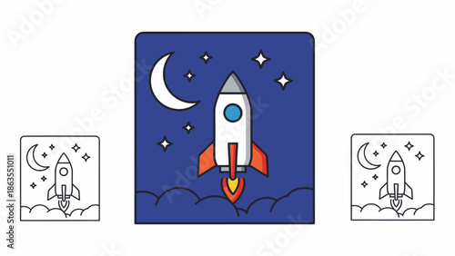 Rocket launch illustration in starry night sky with moon and clouds. Space exploration, startup business concept, success, future icon graphic.