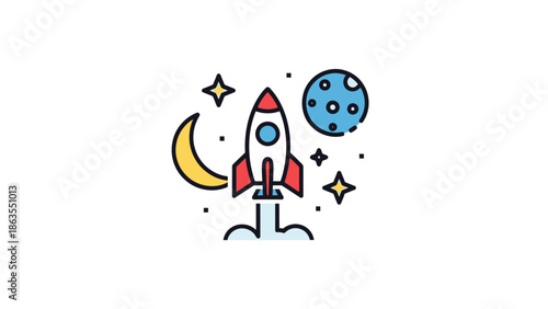 Cartoon rocket launching into outer space with planets, moon, and stars illustration. Space exploration and cosmic travel icon.
