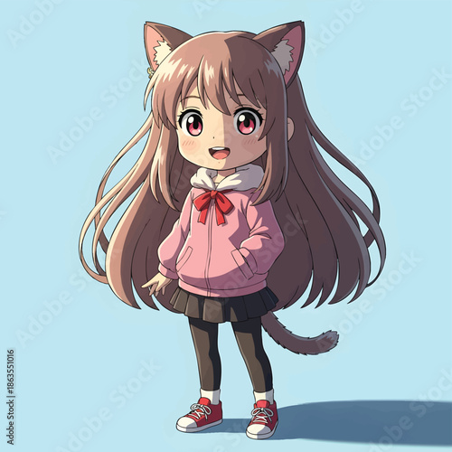 Adorable Anime Girl Character with Cat Ears and Tail