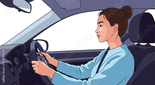 Focused young woman driving a modern car while looking attentively at the road through the front window.