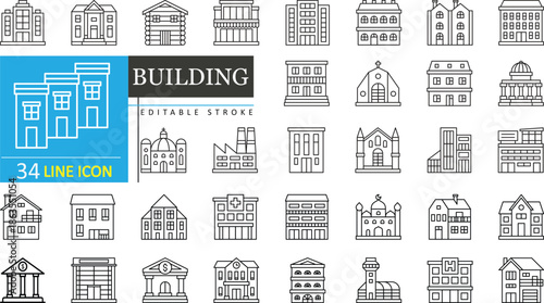 Building Line Editable Icons set. containing featuring factory, mosque, apartment, stadium, skyscrapers, museum, school, university, church, mill, wind, pagoda, thin linear vector illustration