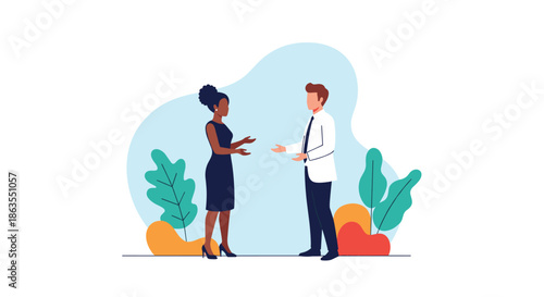 Professional businessman and businesswoman engaged in a conversation while gesturing during a meeting in an office.