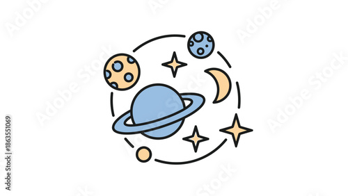 Abstract space icon with planets, stars, and crescent moon in a circular composition. Minimalist celestial exploration graphic design element.