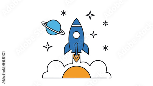 Cartoon rocket launching into outer space, surrounded by a planet and stars. Concept of startup, innovation, exploration, and success.