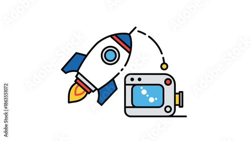 Rocket launching from a video player, symbolizing video content launch, growth, digital media acceleration concept.