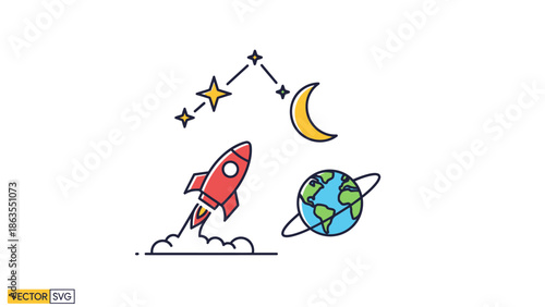 Colorful line art vector of space exploration elements: rocket launch, planet Earth, crescent moon, and stars constellation