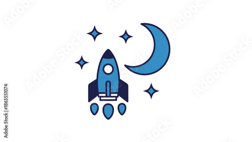 Blue rocket launching towards the crescent moon and stars in a flat design style. Space exploration and cosmic journey icon.