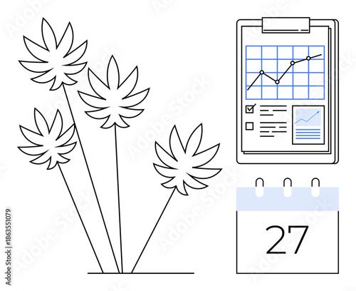 Industry analysis, data metrics, business planning, cannabis industry, scheduling, marketing strategy. Cannabis leaves, analytics chart and calendar date. Industry analysis and data metrics concept