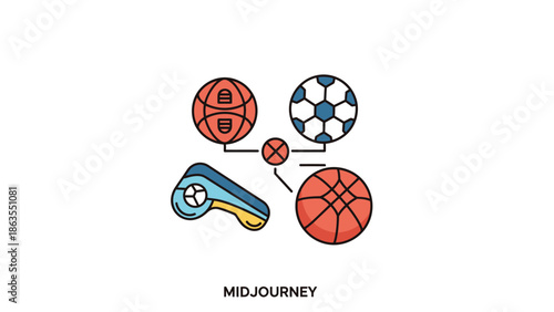 Modern Flat Line Icon of Sport Balls and Whistle. Basketball, Soccer, and Referee Equipment for Game and Activity Concepts