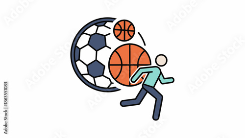 Sports Activity Icon featuring a Running Person, Soccer Ball, and Basketball. Flat Line Art Illustration for Exercise and Games.