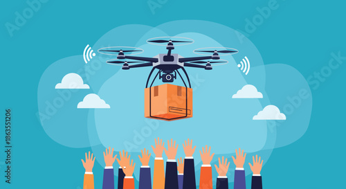 Modern delivery drone carrying a cardboard box package through the clouds above a group of hands reaching out.