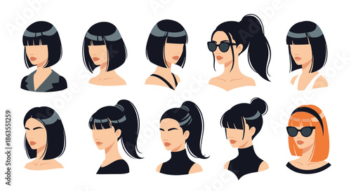 Collection of diverse female avatars showcasing various hairstyles, sunglasses, and skin tones in a modern flat style.